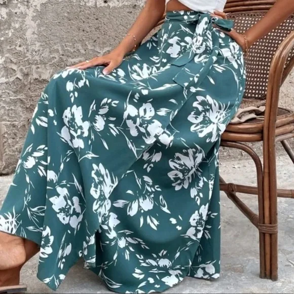 Boho floral print wrap maxi skirt